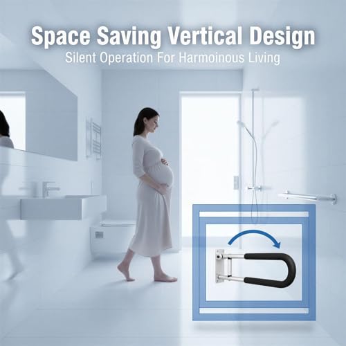 Toilet Safety Rail, 23.6 in Flip Up Foldable Wall Mount Grab Bar, Aluminum Alloy Bathroom Shower Assist Handrail with Anti-Slip Grip, Suitable for Elderly, Handicap, Pregnant & Post-Op Users