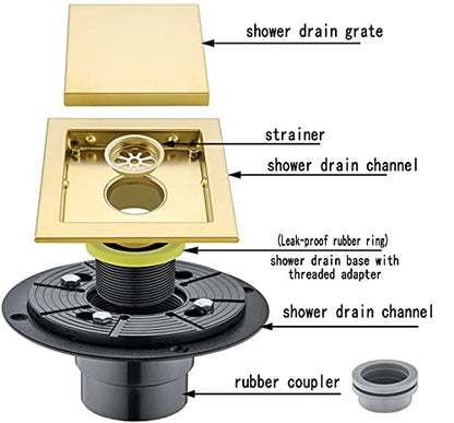 RANDOM Brushed Gold Shower Drain Square with Adjustable Base Flange,SUS304 Stainless Steel 6 inch Floor Drain Kit with Tile Insert Flat Shower Drain Cover & Threaded Adapter.98728BG-S - color: D-brushed Gold-6″ Square With Base Flange