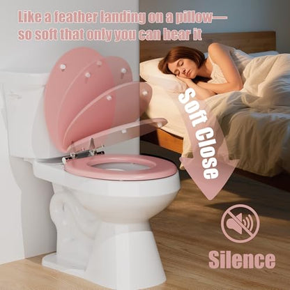 Round Slow Close Wood Toilet Seat, Heavy Duty Pink Toilet Seat with Baked Enamel Finish, Support 400 lbs, Soft Close Toilet Lid with Zinc Alloy Hinges, Grip-Tight Bumpers, Easy Clean & Quick Assembly - color: Pink, size: Round Slow Close