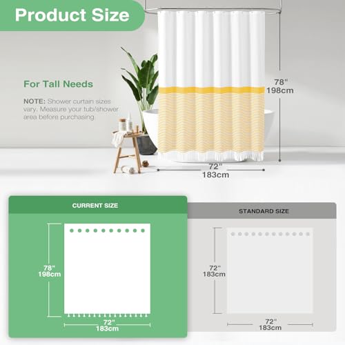 Modern Farmhouse Fabric Shower Curtain, 78 Inch Long Boho Yellow and White Striped Cloth Bathroom Shower Curtain with Tassels, Hotel Luxury Shower Curtain Set with 12 Hooks, Yellow, 72x78 - color: A. Yellow, size: 72"W x 78"L (Pack of 1)