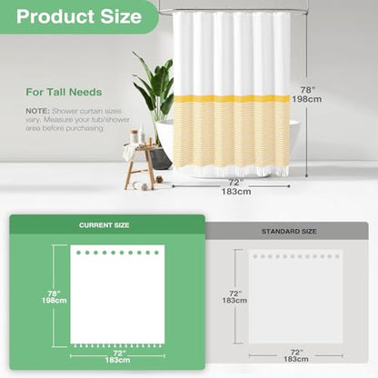 Modern Farmhouse Fabric Shower Curtain, 78 Inch Long Boho Yellow and White Striped Cloth Bathroom Shower Curtain with Tassels, Hotel Luxury Shower Curtain Set with 12 Hooks, Yellow, 72x78 - color: A. Yellow, size: 72"W x 78"L (Pack of 1)