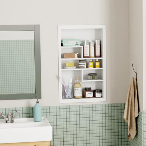 14x24 Medicine Cabinet Recessed Stainless Steel, with 5 Compartments Medicine Cabinet Organizer, Stainless Steel Wall Niche, Bathroom Wall Cabinet, Recessed Bathroom Cabinet, White - color: White, size: New Design 3-Tier