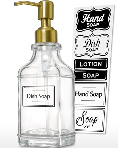 JASAI Antique Square Glass Soap Dispenser with Golden Rust Proof Pump, Refillable soap Dispenser with 10Pcs Stickers for Kitchen, Dish Soap Dispenser for Kitchen Bathroom Soap, Hand soap, Lotion. | Refillable Kitchen Soap Dispenser with Stainless Steel, D