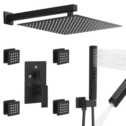 RUMOSE Rainfall Shower System with 4 Full Body Jet 4 Mode Shower Faucet Set | 12 Inch Rain Shower Head, 2 in 1 Handheld Spray, Matte Black Brass Shower Jet Shower Fixtures, Wall Mounted - color: Matte Black