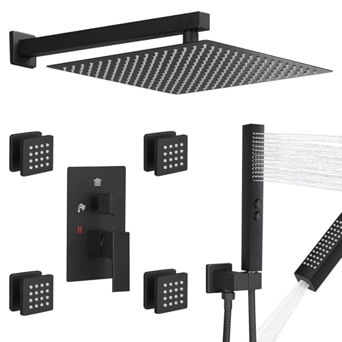 RUMOSE Rainfall Shower System with 4 Full Body Jet 4 Mode Shower Faucet Set | 12 Inch Rain Shower Head, 2 in 1 Handheld Spray, Matte Black Brass Shower Jet Shower Fixtures, Wall Mounted - color: Matte Black