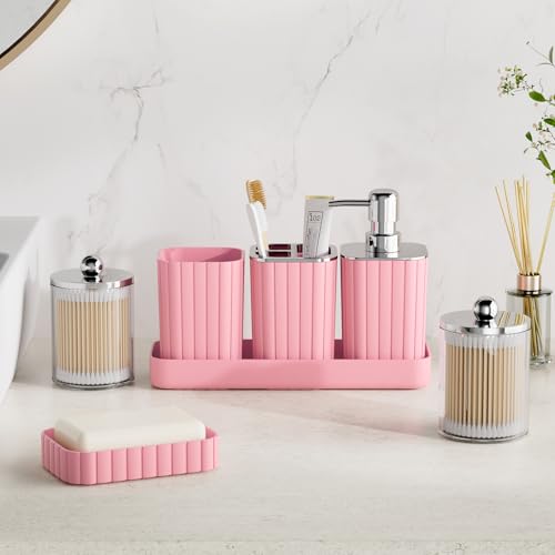 XLHOMO Bathroom Accessory Set - Gorgeous Bathroom Set, 7PC Pink Bathroom Set, Soap Dispenser, Toothbrush Holder, Qtip Holder, Bathroom Sets Complete, Bathroom Sink Set for Home Decor - style: Pink&Silver