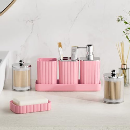 XLHOMO Bathroom Accessory Set - Gorgeous Bathroom Set, 7PC Pink Bathroom Set, Soap Dispenser, Toothbrush Holder, Qtip Holder, Bathroom Sets Complete, Bathroom Sink Set for Home Decor - style: Pink&Silver