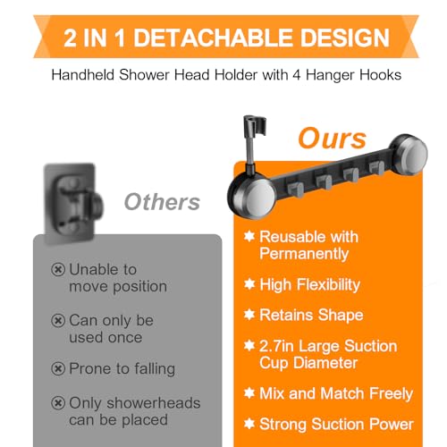 Shower Head Holder Suction Cup with 4 Hanger Hook Wall Mount - 2 in 1 Design - No-Drill Strong Adhesive Shower Wand Bracket - Adjustable Handheld Shower Head Mount - Gun Gray - color: Gun Gray