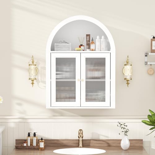 Medicine Cabinet with Arched Top, Bathroom Wall Cabinet Over Toilet with Wave Pattern Acrylic Doors and Removable Shelf, Roman Style Small Wall Cabinets for Kitchen, Living room, Laundry Room, White - color: White, size: 31.5 H-Acrylic