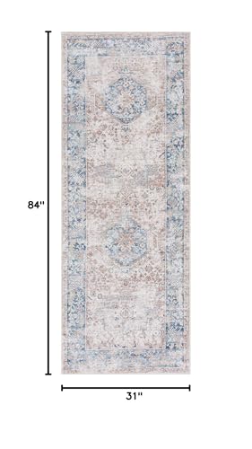 Bloom Rugs Caria Washable Non-Slip 7 ft Runner - Beige/Ocean Blue Traditional Runner for Entryway, Hallway, Bathroom, and Kitchen - Exact Size: 2'6" x 7' - color: Beige / Ocean Blue, size: 2'6" x 7' (Runner)
