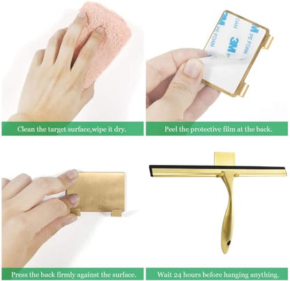 OPERNEE Shower Squeegee with Self Adhesive Hook, 10 Inches Stainless Steel Squeegee Cleaner, All-Purpose Window Scraper for Bathroom Doors, Mirror, Windows and Car Glass, Brushed Gold