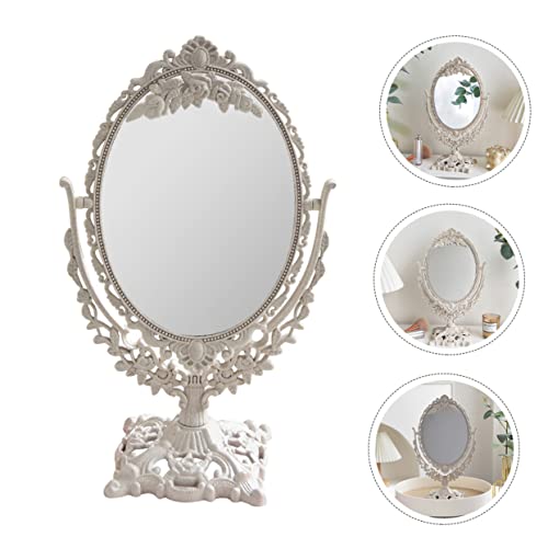 1pc Double Sided Princess Mirror Cosmetic Mirror Princess Makeup Round Stand Lighted Girl Makeup Antique Tabletop Vintage Stand Wheat Straw Beige