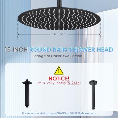 16 inch Matte Black Round Ceiling Rainfall Shower Head, All Metal Stainless Steel 304, Full Body Rainfall Shower with 230 Silicone Nozzles - color: Matte Black, size: 16 Inch