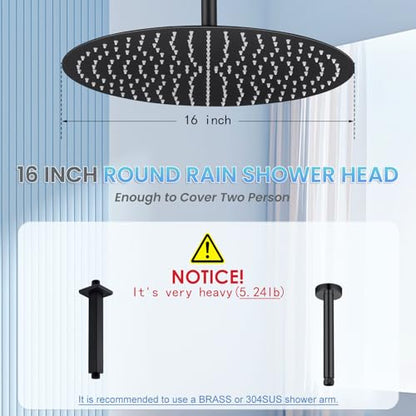 16 inch Matte Black Round Ceiling Rainfall Shower Head, All Metal Stainless Steel 304, Full Body Rainfall Shower with 230 Silicone Nozzles - color: Matte Black, size: 16 Inch
