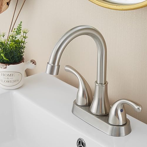 Bathroom Sink Faucet FRANSITON 4 Inch Faucet 2 Handle Bathroom Sink Faucets Lead-Free Brushed Nickel Bath Sink Faucets with Pop-up Drain Stopper and Supply Hoses - color: Brushed Nickel