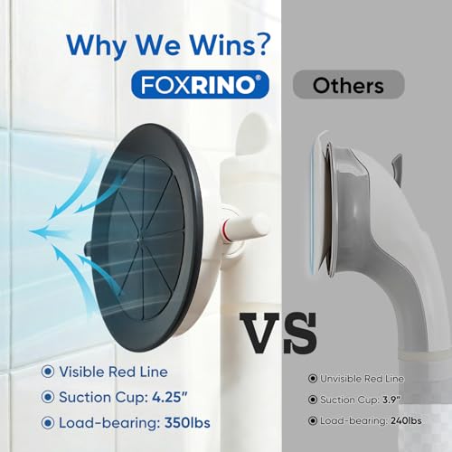 Foxrino 18.3" Suction Grab Bars for Shower, Visual Red Lock, 350LBS No-Drill Bathroom Safety Handle for Seniors, Elderly & Pregnancy, 2 Pack - size: 18.3"