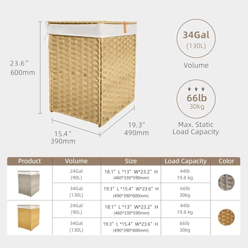 Wicker Laundry Hamper with Lid,34 Gal(130 L) Rattan Laundry Basket 2 Sections with Lid, Removable Machine Washable Line, Large Clothes Hamper with Handles for Bathroom Bedroom, Yellow - color: Yellow, size: 130L