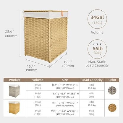 Wicker Laundry Hamper with Lid,34 Gal(130 L) Rattan Laundry Basket 2 Sections with Lid, Removable Machine Washable Line, Large Clothes Hamper with Handles for Bathroom Bedroom, Yellow - color: Yellow, size: 130L