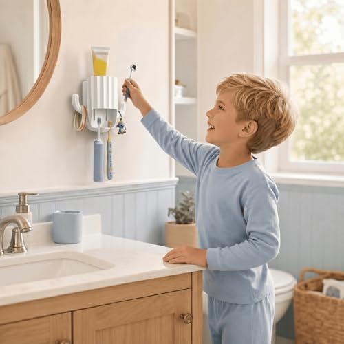 Kids Toothbrush Holder Wall Mount, Cute Cactus (White) | Bathroom Organizer, PP Cactus Holder, Toothbrush Toothpaste Hair Tie Accessories,Multi-Function Organizer - color: White