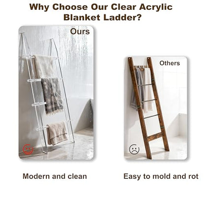 Blanket Ladder 5.6FT for Bathroom, 4 Tier Modern Decor Waterproof Blanket Holder for Living Room and Bedroom, Easy Assembly Clear Acrylic Ladder Shelf, Leaning Quilt Rack with Anti Slip Pads