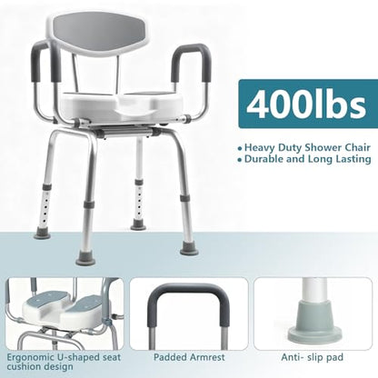 Shower Chair for Elderly and Disabled Adults, U-Shape Seat | 400lb Weight Capacity, Heavy Duty, Padded Armrests and Back, Height Adjustable