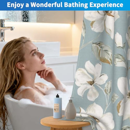 Floral Shower Curtains for Bathroom, Double-layer No Hook Shower Curtain with Detachable Liner and Mesh Top Window, 71x74 Inches Waterproof Fabric Shower Curtain with Built-in Rings and Weighted Hem - color: White Flowers
