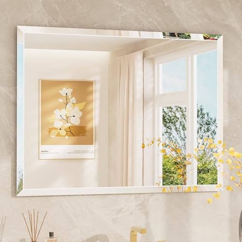 TETOTE 40" x 30" Bathroom Vanity Mirror Beveled Frameless Rectangle Tempered Wall Mirror for Vanity, Bathroom, Horizontal/Vertical - size: 30"L x 40"W