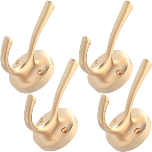 TOFIIGREM Gold Hat and Coat Hooks, 4 Pack Heavy Duty Coat Robe Hook, Metal Double Backpack Hook Wall Mounted, Towel Hooks for Bathroom Entryway Cubicle Closet Garage - color: Gold, size: 4 Pack