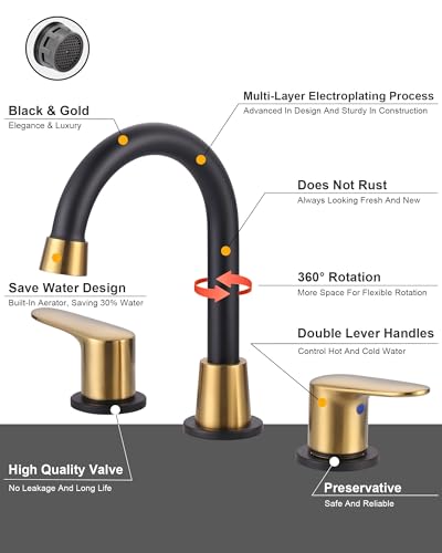 Bathroom Sink Faucet 3 Hole, 8 Inch Widespread Vanity Sink Faucets | Metal Zinc Alloy Gold&Black Bathroom Sink Faucet with Swivel Spout, Two Handles Lead-Free Tap with Drain and cUPC Supply Line - color: Black & Gold