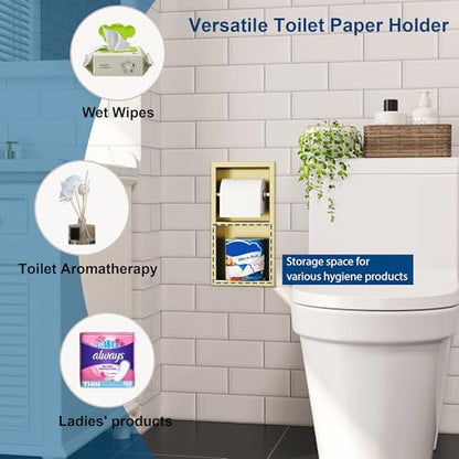Qeke Recessed Toilet Paper Holder, Dual Rolls Tissue Toilet Holder, Golden | 304 Stainless Steel, Rustproof & Durable, Space-saving, in Wall Tissue Holder for Bathroom & RV - color: Brushed Golden