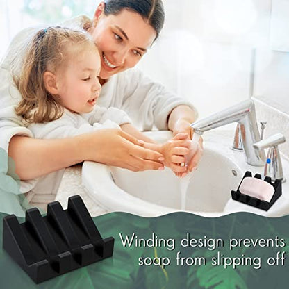 2 Pieces Silicone Soap Dish Self Draining Soap Dish Shower Waterfall Bar Soap Holder Tray with Drain Soap Saver for Kitchen Bathroom Accessories (Black) - color: Black