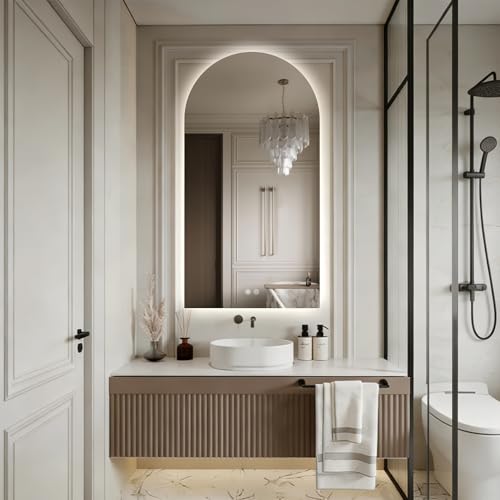Niccy Arched LED Bathroom Mirrors, Frameless Backlit Vanity Mirror, 51"x27" | Wall Mounted Arch Mirror with Defogger & 3 Color Light, Explosion-Proof HD Glass, IP65 Waterproof for Bathroom - size: 51"L x 27"W