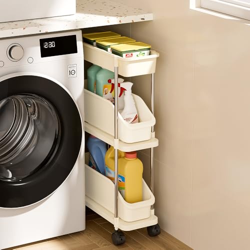 Slim Storage Cart 3 Tier Slim Rolling Utility Cart with Pull-Out Baskets & Wheels for Narrow Space in Kitchen Dining Room Bathroom Laundry Room Cream White (Width 6.3 Inches) - size: 3 Tier