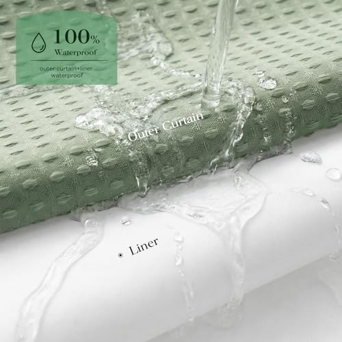 Sage Green Hook Free Waffle Shower Curtain & Snap-in Liner,72x81 | Less Time to install, 3 in 1 Fabric Shower Curtain and Liner Set with Magnets, Long, Shower Curtains for Bathroom - color: A Sage Green, size: 72"W x 81"L (Pack of 1)