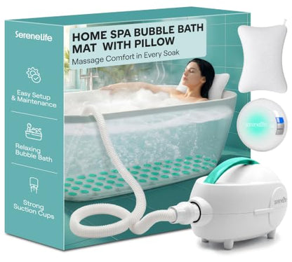 SereneLife Bubble Bath Mat - Portable Spa Bubble Bath Massager with Waterproof Bath Light & Pillow, Adjustable Bubble Intensity, Easy Button Control, Remote Control - color: Teal