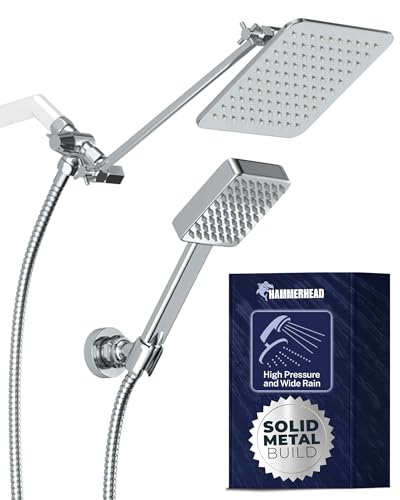 HammerHead® Solid Metal Dual Shower Head Combo — 8" Square Rain Shower Head with Handheld, 12" Adjustable Arm & Wall-Mount Holder for Flexible Installation — Chrome