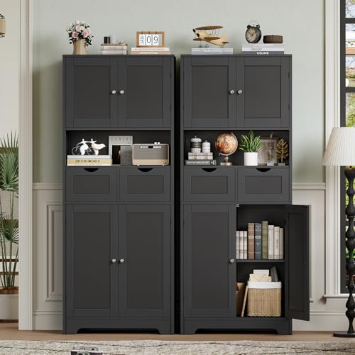 Iwell 57.8" H Tall Storage Cabinet with 2 Drawers & 2 Adjustable Shelves, Kitchen Cabinet with 4 Doors, Tall Cabinet for Living Room, Dining Room, Entryway, Black - color: Black-4 Shelves