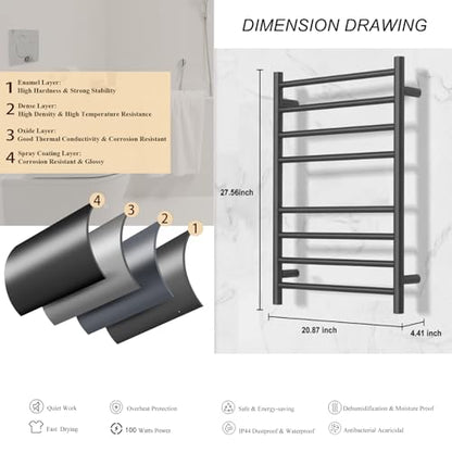 (1 Pack Yariwiz) Electric Towel Warmer for Bathroom Wall Mounted Drying Rack Plug-in Electric Heated Towel Rack Stainless Steel Round 8 Bars Bath Towel Heater Black - size: Size 2