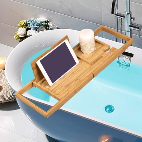 JEOZBM Bath Tray, Bamboo Bath Table Tray, Retractable Bathtub Shelf,Bathtub Caddy Tray, Expandable Bathroom Accessories for Wine, Phone, Book(90CM-Bamboo) - color: Bamboo