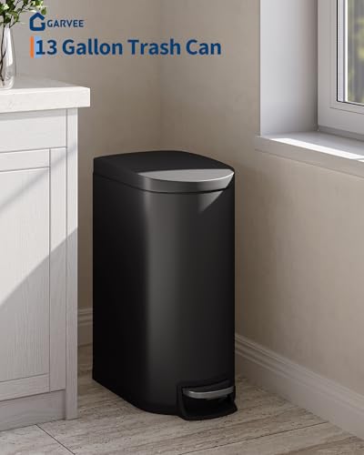 Garvee 13 gal / 50 L Metal Kitchen Trash Can with Lid, Slim Rustproof Garbage Can, Large Step-on Trash Bin with Inner Bucket, Rear Handle, Soft Close Lid, Black - color: Black, size: 13.2 Gallons