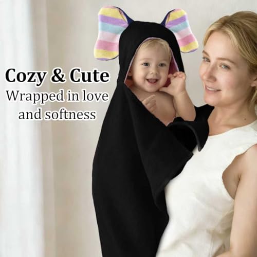 VOOVA & MOVAS Black Baby Beach Towel, Organic 100% Cotton,33"X31.5" - color: Black Elephant, size: 33 x 31.5 inches