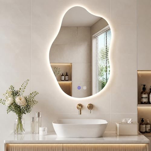 Irregular Backlit LED Bathroom Mirror with Lights, 30" H x 20" W | Asymmetrical Cloud Led Lighted Vanity Mirror for Wall+Anit-Fog+3 Colors+Stepless Dimmable(Horizontal/Vertical) - size: 30"L x 20"W