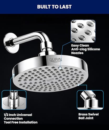 Shower Head - Premium Polished Chrome Finish - Rain Showerhead 6 Inch | High Pressure Shower Heads with Adjustable Angles, 90 Anti-Clog Nozzles, Tool-Free 1-Min Install