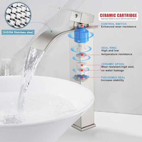 Midanya Waterfall Tall Bathroom Vessel Sink Faucet,Brushed Nickel | with 24” cUPC Water Hoses,Pop Up Drain without Overflow,for 1 hole Vanity,RV,Lavatory,Bowl,Farmhouse,SUS304,Single Handle - color: Nickel