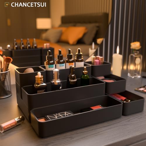 Black Bathroom Drawer Organizer Trays: 9 PC Stackable Desk Organizers Bin | vanity office kitchen modern shallow containers modular storage - color: Black