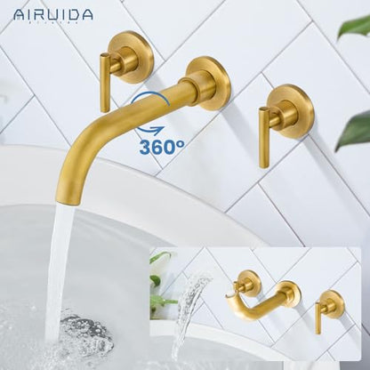 Airuida Wall Mounted Antique Brass 3 Hole Dual Handle Bathroom Faucet with 360 Swivel Spout Vanity Sink Mixer Tap, Matte Finish | Lever Handle,3 Holes,360° Widespread Swivel Spout,Rotatable Bathroom Faucet - color: Antique Brass