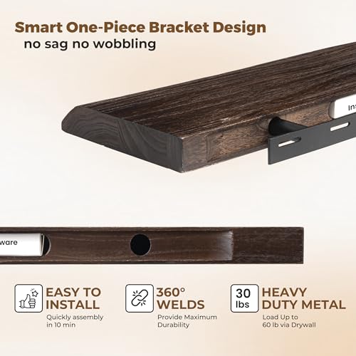 18 inch Floating Shelves for Wall Live Edge, Walnut, 2PCs | 8'' D Rustic Solid Elm Wood, Wall Mounted, Wall Shelves, Invisible Bracket, Living Room Bedroom Kitchen - color: Walnut Live Edge, size: 18x8x1.4in, Set of 2