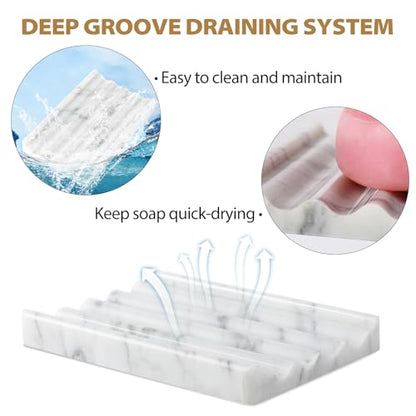 2PCS Koville Italian Natural Marble Soap Dish for Shower, Stone Soap Tray for Bathroom, Bar Soap Holder for Sink, Stripe Grooves Saver Keep Bars Dry Easy Clean (Bianco Carrara) - color: Bianco Carrara