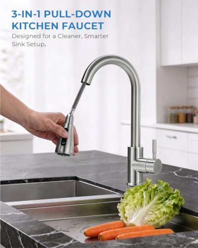VFAUOSIT Kitchen Faucet with Pull Down Sprayer, Lead-Free Brushed Nickel | NSF 61/372 and cUPC Certified, 3 Spray Modes, 20-Inch Retractable Hose, Cold-Start Safety, 10-Minute Tool-Free Install - color: Brushed Nickel
