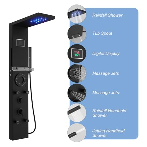 RUMOSE Dark Black Shower Panel Tower System, 5-Mode Shower Faucet Set | LED Light Rainfall Shower Head Digital Display with Massage Jets Tub Spout Shower Shelves, Stainless Steel, Wall Mount - color: Dark Black
